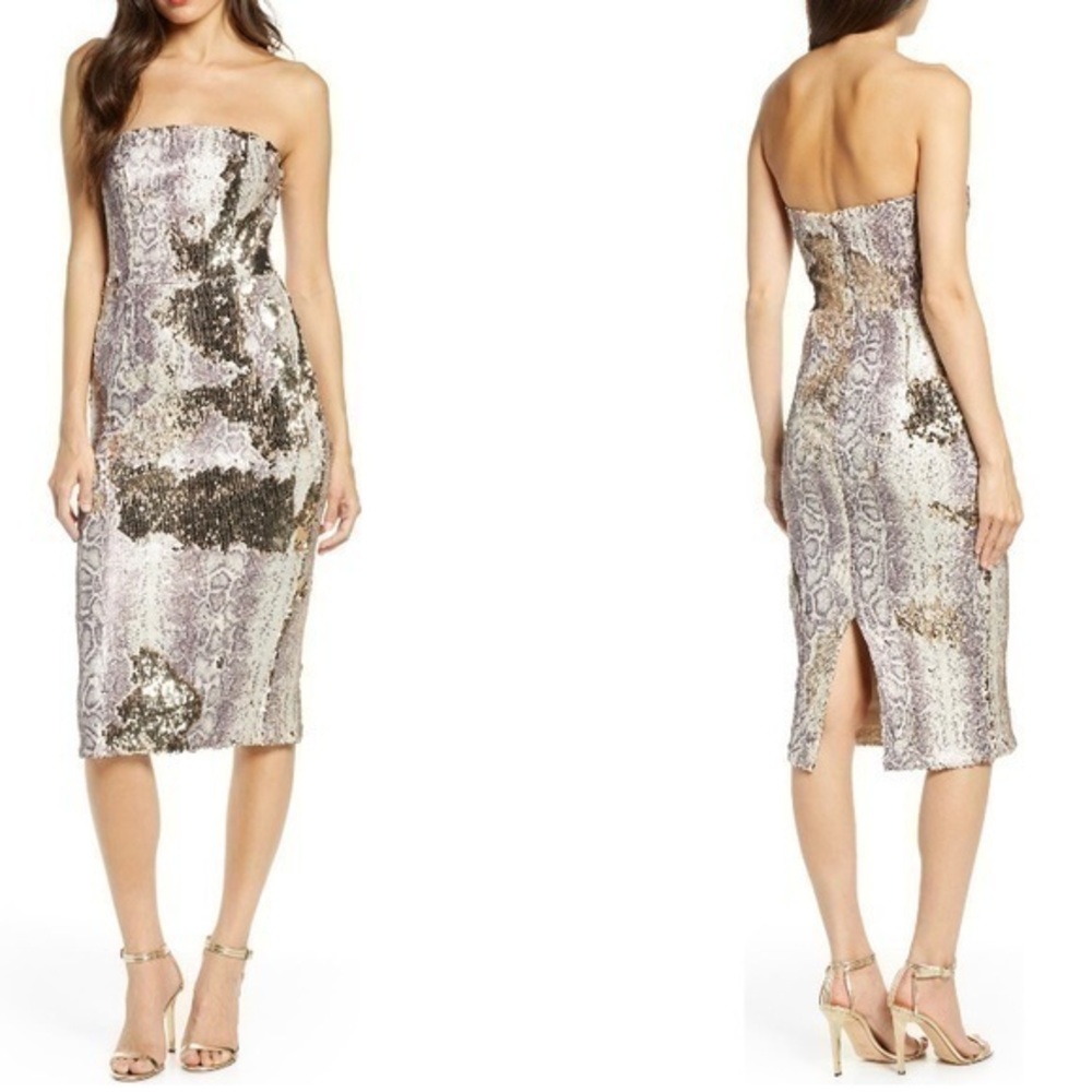DRESS THE POPULATION Snake Print Sequin Tube Dress in Python Gold Multi